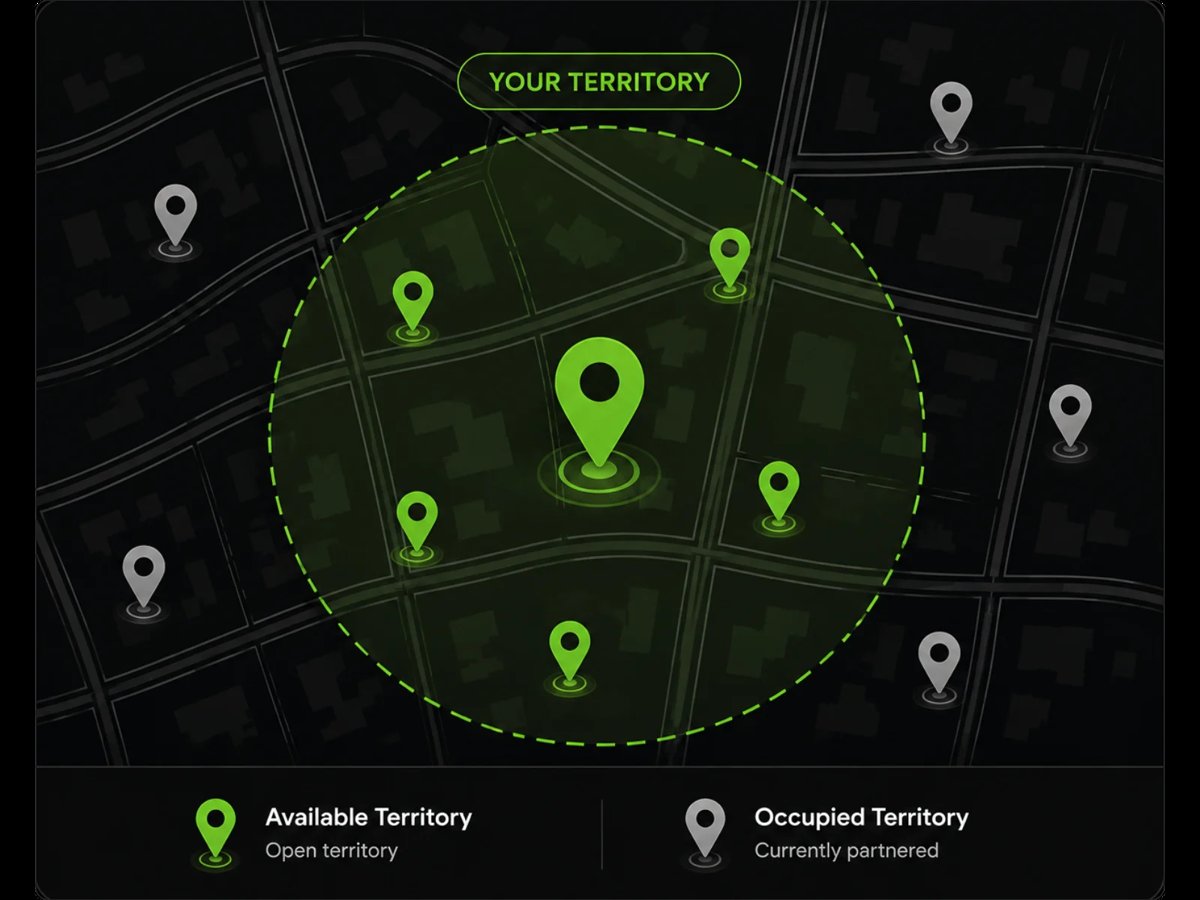 Map showing available and occupied territory with green location pins in center circle and gray pins on perimeter