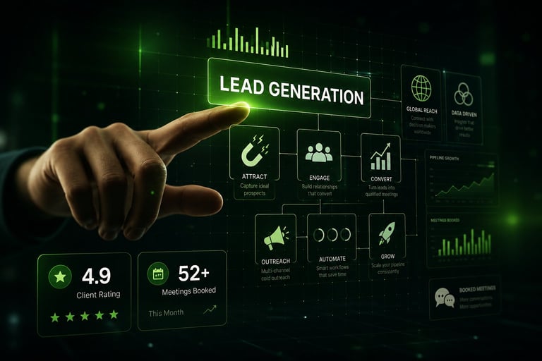 A hand pointing at a digital LED dashboard displaying lead generation metrics with icons for attract, engage, convert, and other business analytics in green neon style.