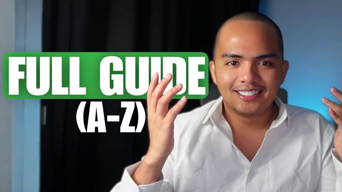 Man in white shirt gesturing with text overlay reading Full Guide A-Z on blue background