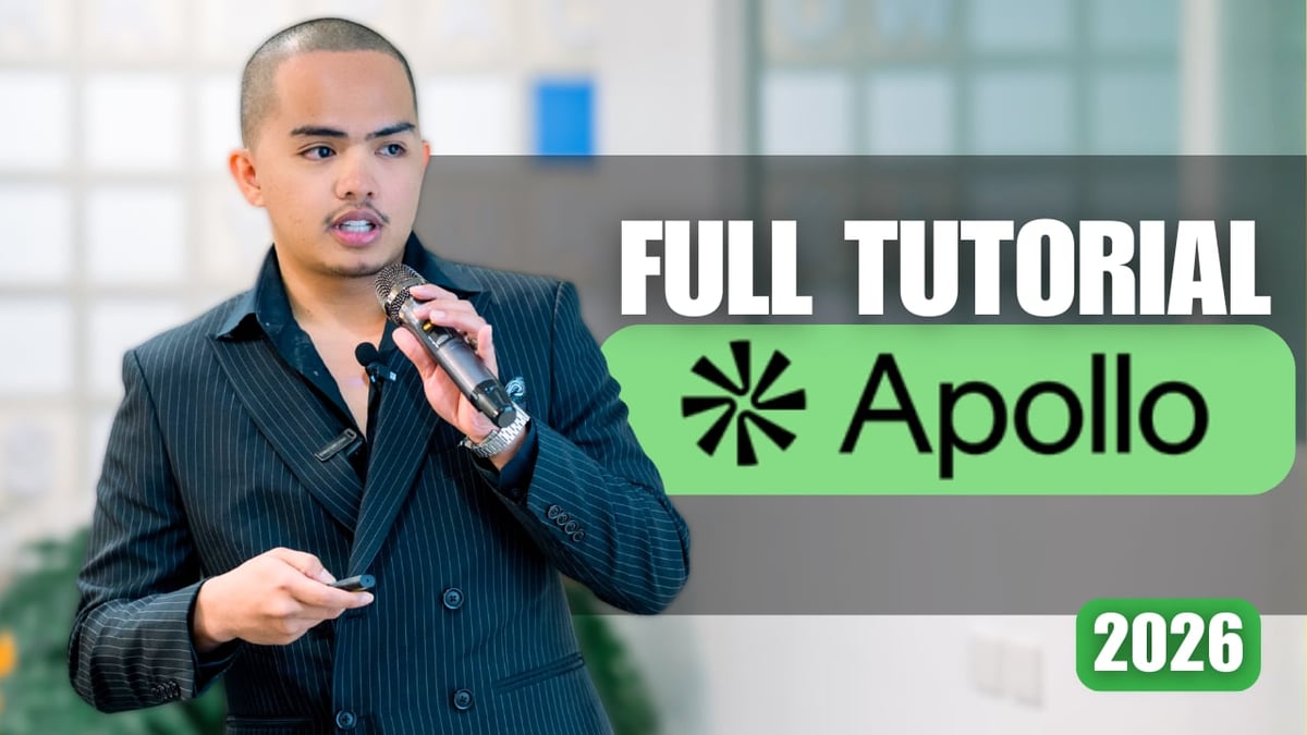 Man in business suit speaking while holding a microphone with Apollo logo and Full Tutorial 2026 text overlay